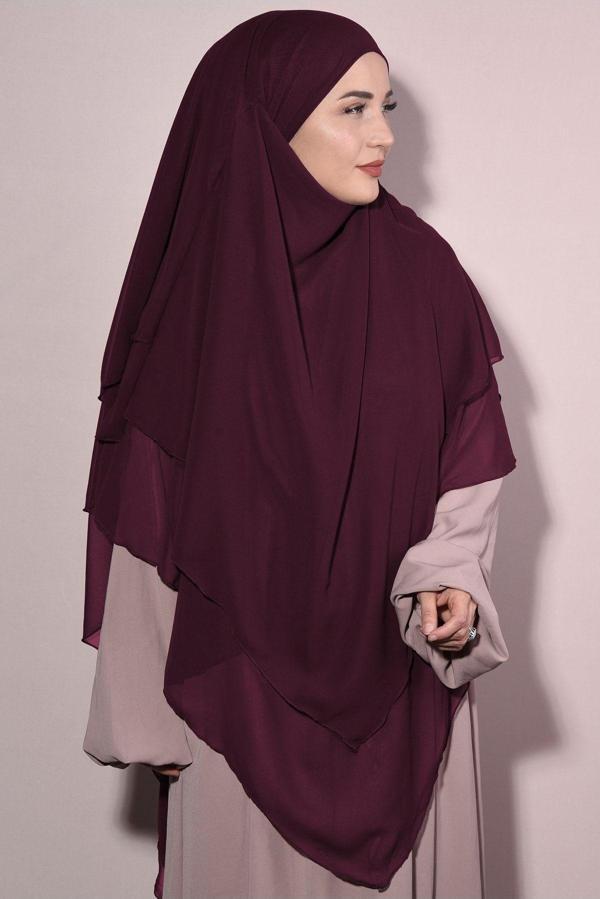 Nowa Scarf Peçeli Üç Katlı Şifon Sufle Khimar Bordo - Image 1