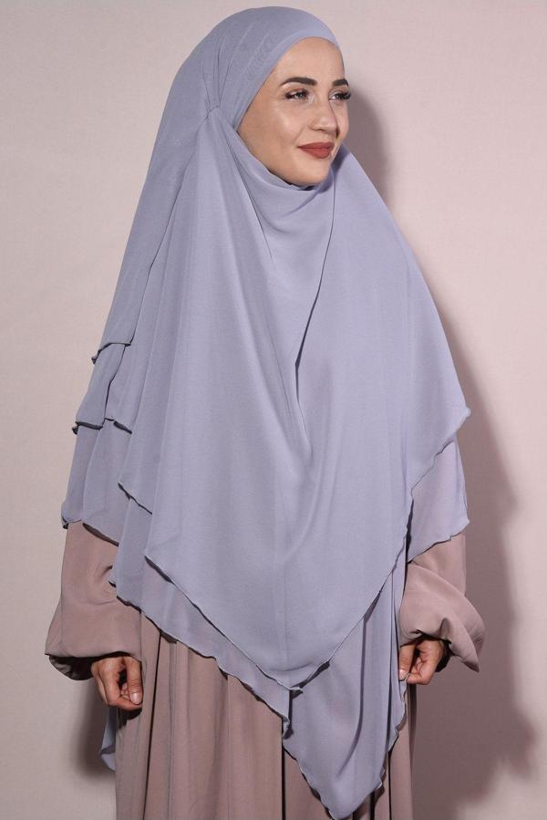 Nowa Scarf Hazır Tesettür Peçeli Üç Katlı Şifon Sufle Gri - Image 1