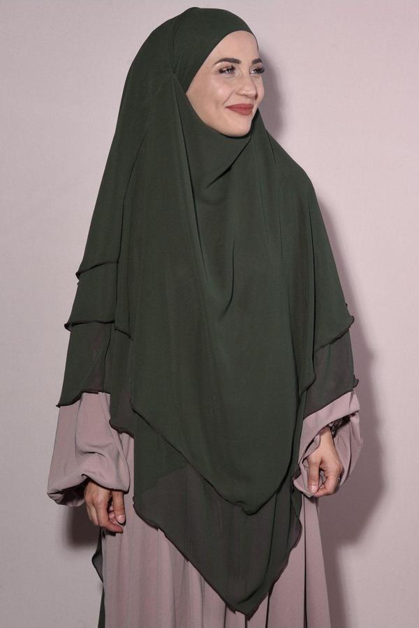 Nowa Scarf Sufle Üç Katlı Şifon Hazır Peçeli Tesettür Şal Haki Yeşili - Image 1