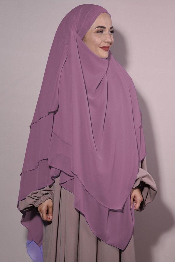 Nowa Scarf Hazır Tesettür Peçeli Üç Katlı Şifon Sufle Şal Gül Kurusu - Image 1