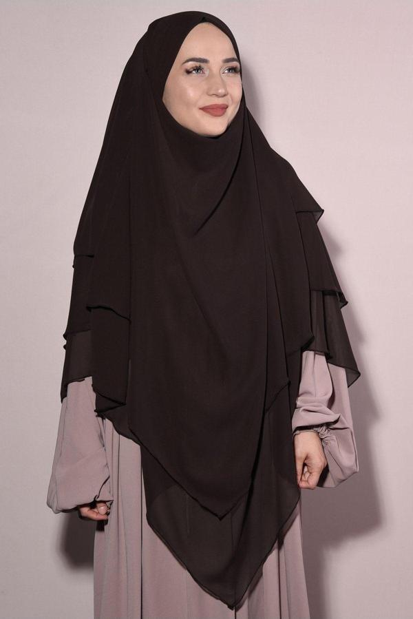Nowa Scarf Sufle Khimar Tesettür Peçeli Üç Katlı Şifon Şal Kahverengi - Image 1