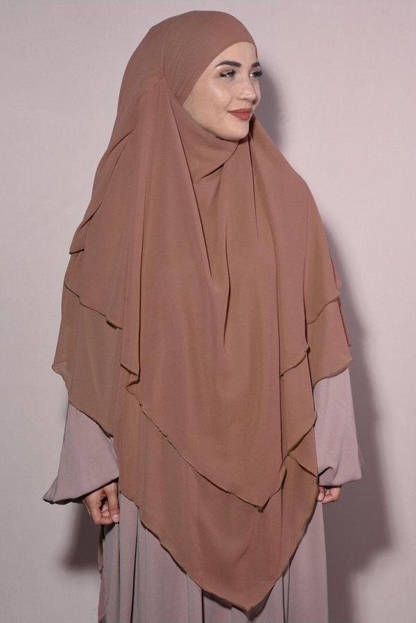 Nowa Scarf Sufle Khimar Tesettür Peçeli Üç Katlı Şifon Şal Taba - Image 1