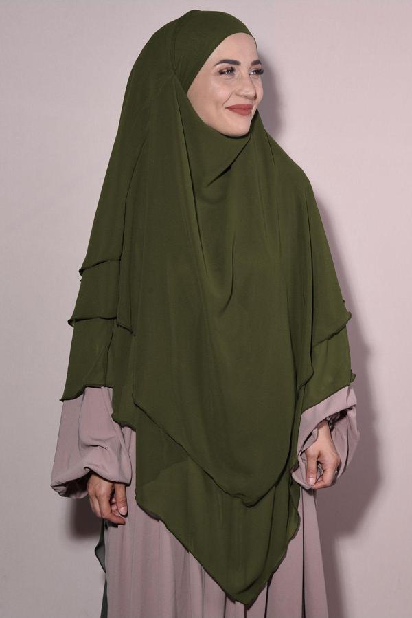 Nowa Scarf Sufle Khimar Tesettür Peçeli Şifon Şal Yağ Yeşili - Image 1