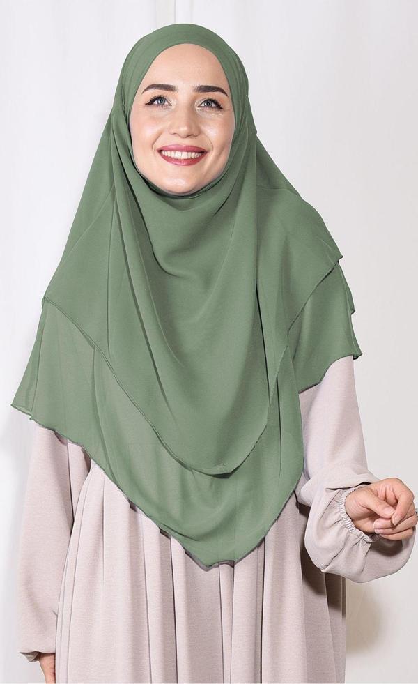 Nowa Scarf Orta Boy Sufle Khimar Peçeli Üç Katlı Şifon Şal Soft Yeşil - Image 1