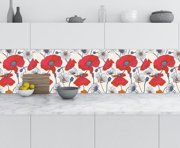 Mutfak Tezgah Arası Folyo Fayans Kaplama Folyosu Kırmızı Çiçek Çizim 60x200 CM - Image 1