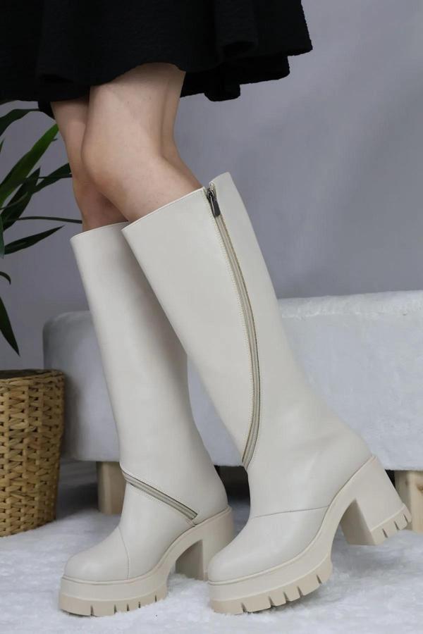 Preshley Kadın Carina Krem Cilt Döner Fermuarlı 8 Cm Platform Topuklu Diz Altı Çizme - Image 1