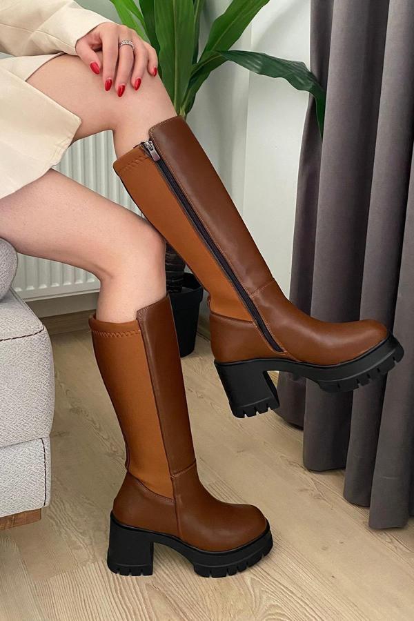 Preshley Kadın Enpar Taba  Arka Kısıım Dalgıç Kumaş 8 Cm Platfom Topuklu Çizme - Image 1