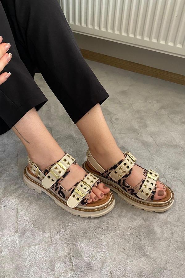 Preshley Kadın Mendez Bej Leopar Çift Bantlı Kabsül Ve Vardola Deyatlı Kalın Taban Ortopedik Sandalet K-12 - Image 1