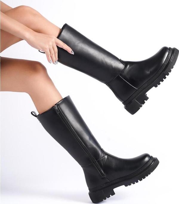 Preshley Kadın Siyah Cilt Fermuarlı Kalın Taban Dizaltı Çizme 2303 - Image 1