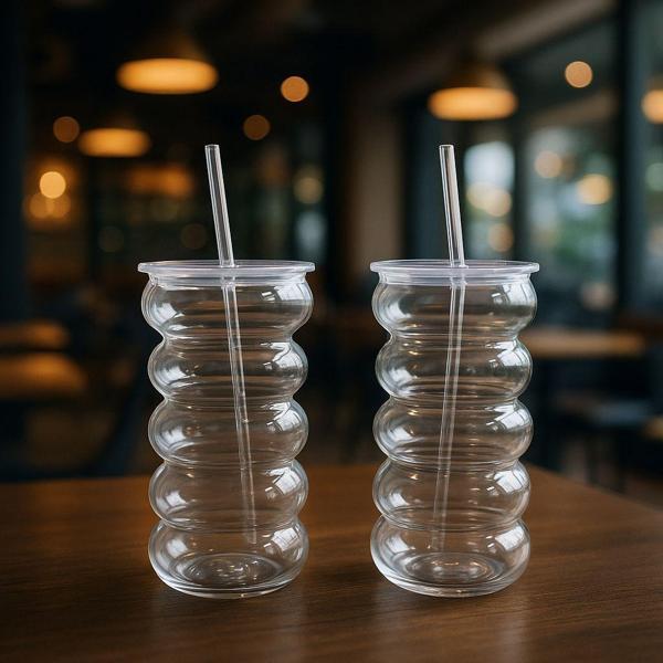 WaveCup Şeffaf Kapaklı Pipetli Cam Bardak SOĞUK KAHVE LİMONATA MEŞRUBAT - Image 1