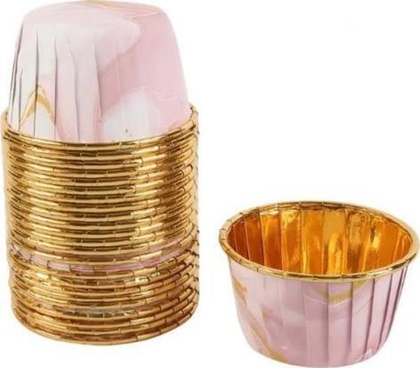 Cupcake/Muffin /Suffle Kek Kapsülü Pembe Mermer Desenli 50 Li - Image 1