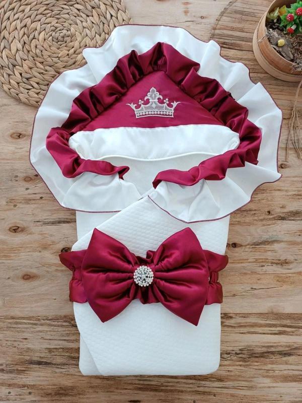 Yenidoğan Mehtap Lüks Kelebek Taç Nakışlı Bebek Battaniyesi Kundak Bordo - Image 1