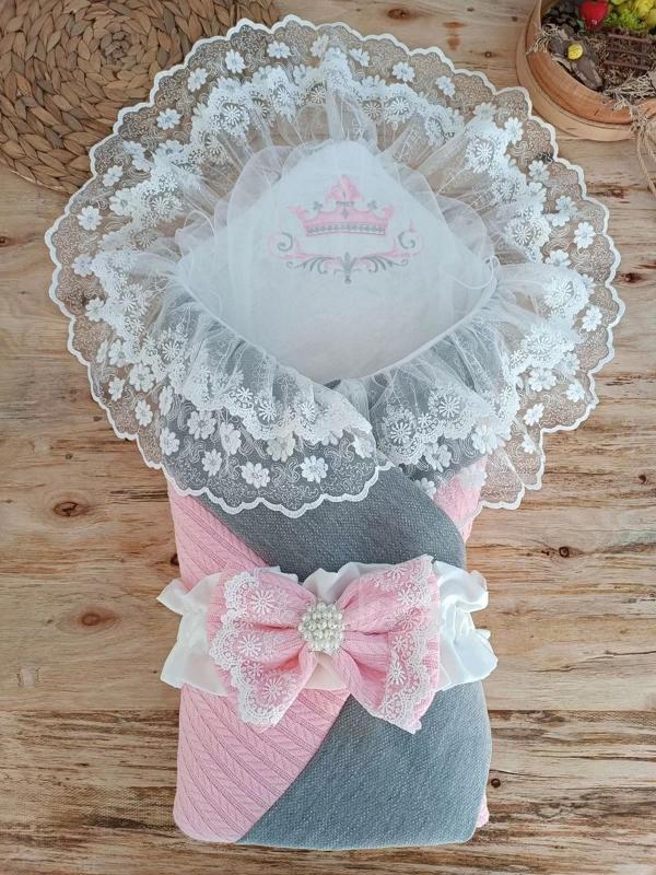 Yenidoğan Teri Cotton Taç Nakışlı Prizma Taş Kundak Bebek Battaniyesi Pembe - Image 1