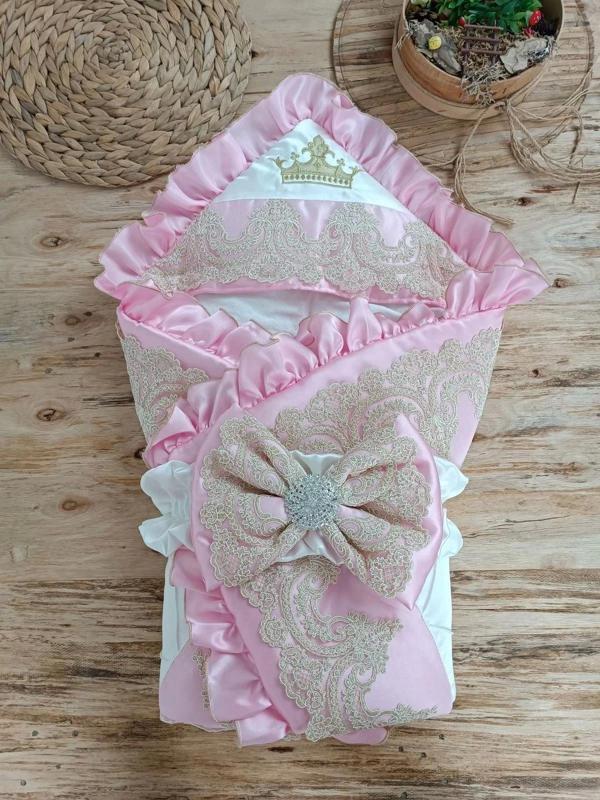 Yenidoğan Grand Lüks Kelebek Ağır Güpür İşlemeli Şapkalı Bebek Battaniyesi Kundak Pembe - Image 1