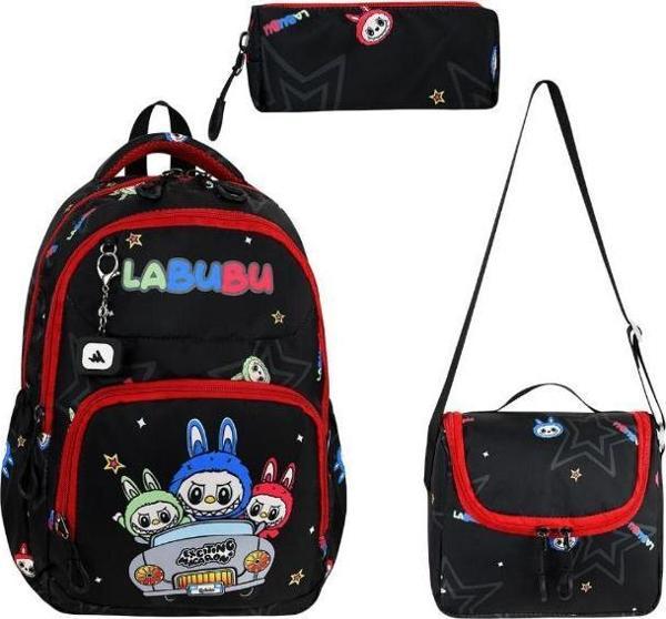 Labubu İlkokul Çantası 3'lü Set 42*30 Cm Beslenme Çantası Kalem Kutusu Ortopedik Su İtici Kumaş - Image 1