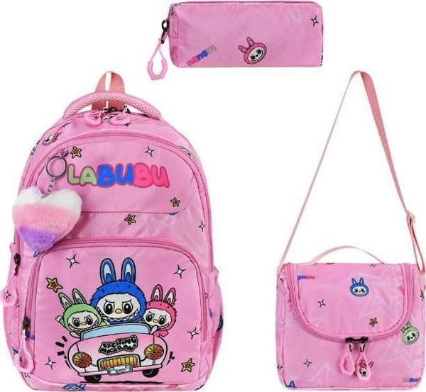 Labubu İlkokul Çantası 3'lü Set 42*30 Cm Beslenme Çantası Kalem Kutusu Ortopedik Su İtici Kumaş - Image 1
