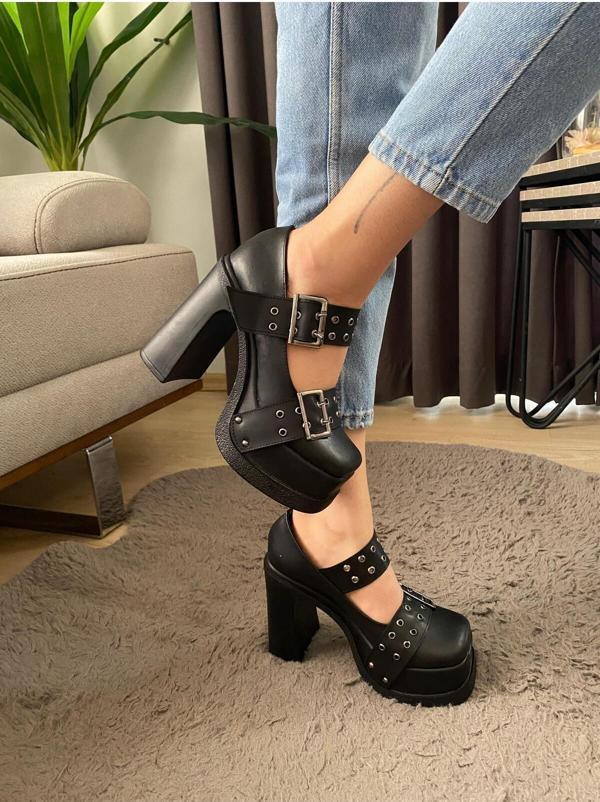 Preshley Kadın İzabel Sıyah Deri İki Tokalı Kapsul Detaylı 12 Cm Platform Topuklu Ayakkabı - Image 1