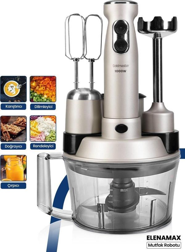 Elenamax Silver 1000 Watt Hız Ayarlı %100 Bakır Motor 5 In 1 Mutfak Robotu Multi Blender Seti - Image 1