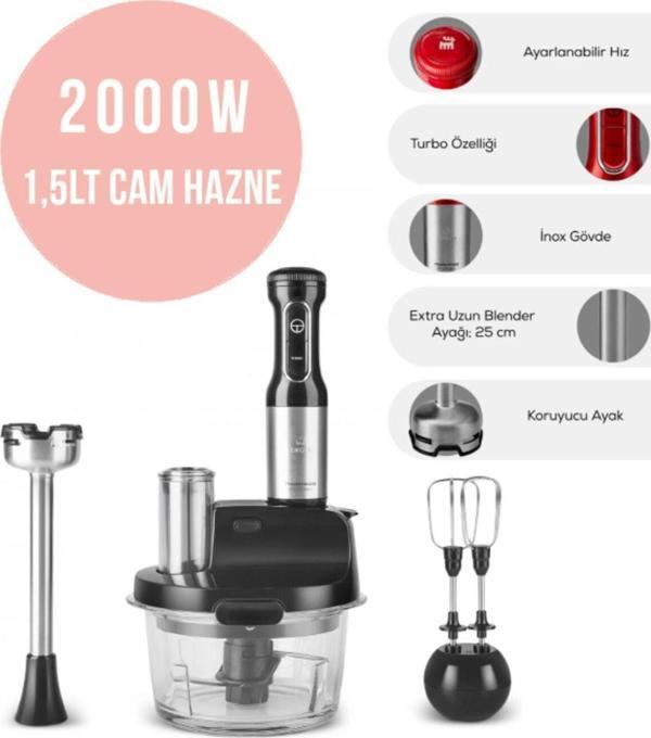 Inox Gövde Premium 2000w Turbo 1,5 Lt Cam Hazneli, 4 Kanatlı Çelik Bıçak Mutfak Robotu & Blender - Image 1