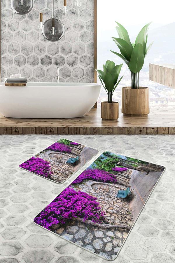 Realhomes Mor Çiçekli Taş Desenli 2'Li Kaymaz Taban Yıkanabilir Banyo Paspas Seti - Image 1