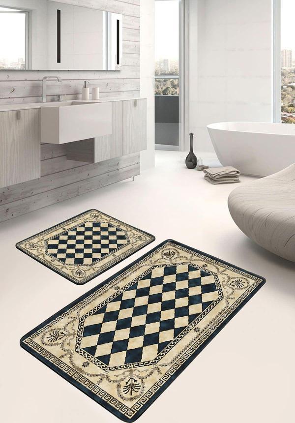 Realhomes Krem Siyah Damalı Çerçeveli Klasik 2'Li Kaymaz Taban Yıkanabilir Banyo Paspas Seti - Image 1