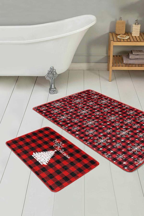 Realhomes Kırmızı Siyah Kareli Beyaz Yılbaşı Ağacı Ve Kar Tanesi Desenli 2'Li Banyo Paspas Seti - Image 1