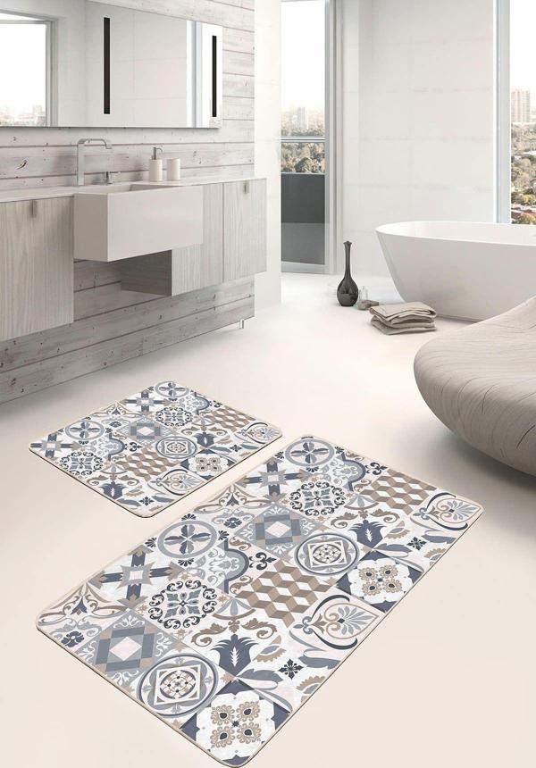 Realhomes Bej-Mavi Patchwork Desenli Vintage 2'Li Kaymaz Taban Yıkanabilir Banyo Paspas Seti - Image 1