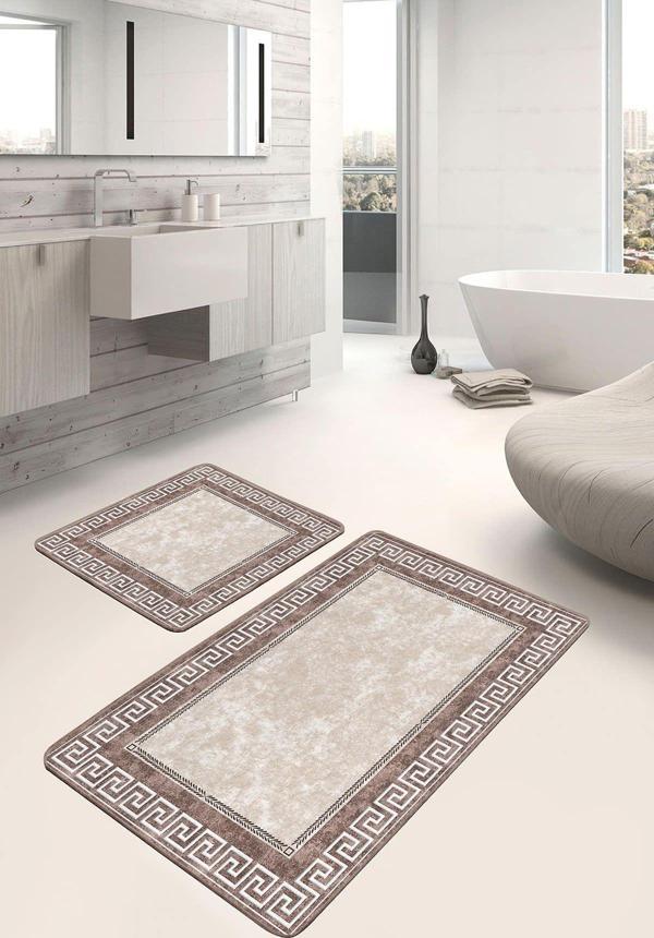 Realhomes Kahverengi Beyaz Çerçeveli Geometrik Desenli 2'Li Kaymaz Taban Yıkanabilir Banyo Paspas Takımı - Image 1