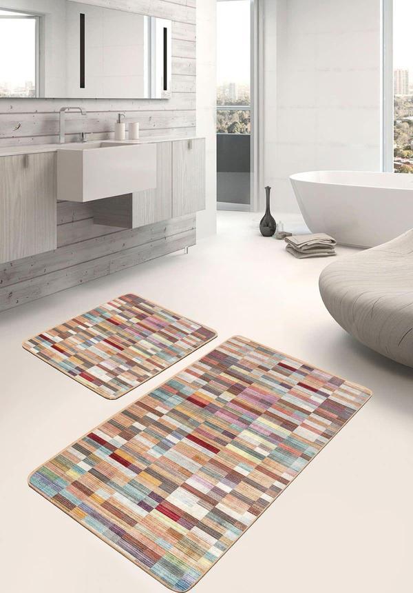 Realhomes Renkli Kareli Mozaik Desenli 2'Li Kaymaz Taban Yıkanabilir Banyo Paspas Seti - Image 1