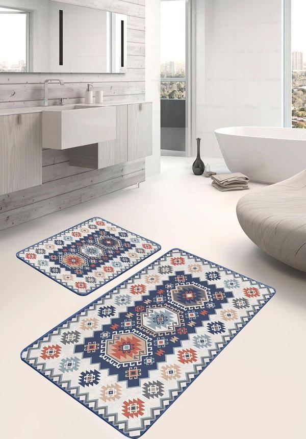 Realhomes Etnik Desenli Lacivert-Turuncu 2'Li Kaymaz Taban Yıkanabilir Banyo Paspas Seti - Image 1