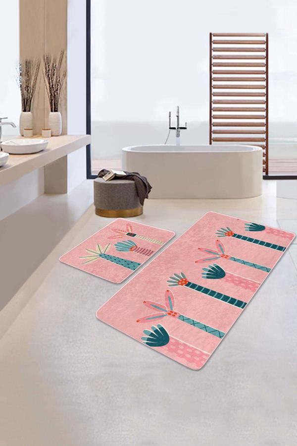 Realhomes Pembe Zeminde Turkuaz Ve Mercan Renkli Geometrik Çiçek Desenli 2'Li Banyo Paspas Takımı - Image 1