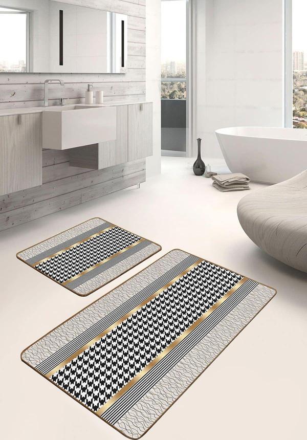 Realhomes Kazayağı Desenli Siyah Beyaz Ve Altın Detaylı 2'Li Kaymaz Taban Yıkanabilir Banyo Paspas Seti - Image 1