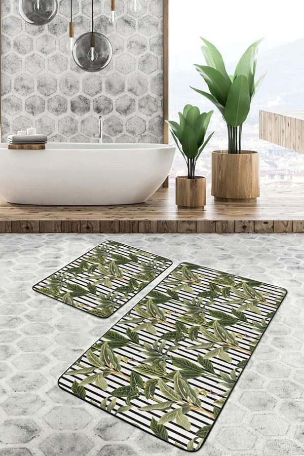Realhomes Çizgili Yaprak Desenli Yeşil Siyah 2'Li Kaymaz Taban Yıkanabilir Banyo Paspas Seti - Image 1