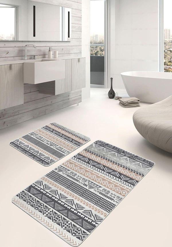 Realhomes Etnik Desenli Siyah Bej 2'Li Kaymaz Tabanlı Yıkanabilir Banyo Paspas Seti - Image 1