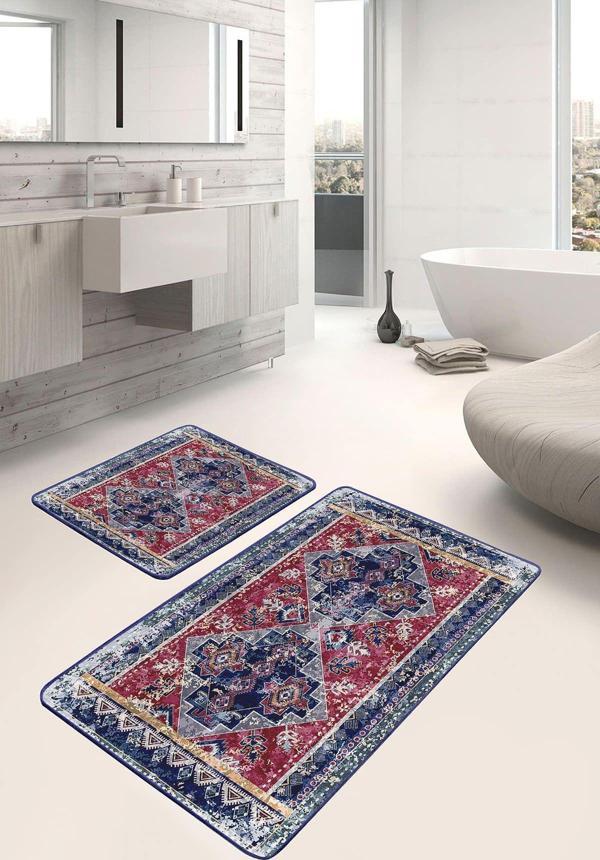 Realhomes Kırmızı Lacivert Geometrik Etnik Desenli 2'Li Kaymaz Taban Yıkanabilir Banyo Paspas Takımı - Image 1