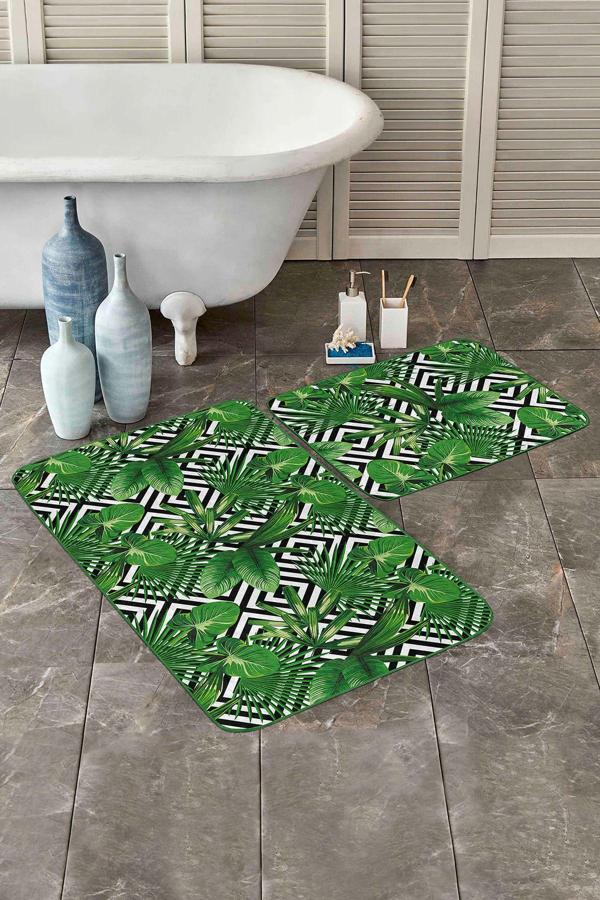 Realhomes Geometrik Siyah-Beyaz Zeminde Yeşil Yaprak Desenli 2'Li Banyo Paspas Seti - Image 1