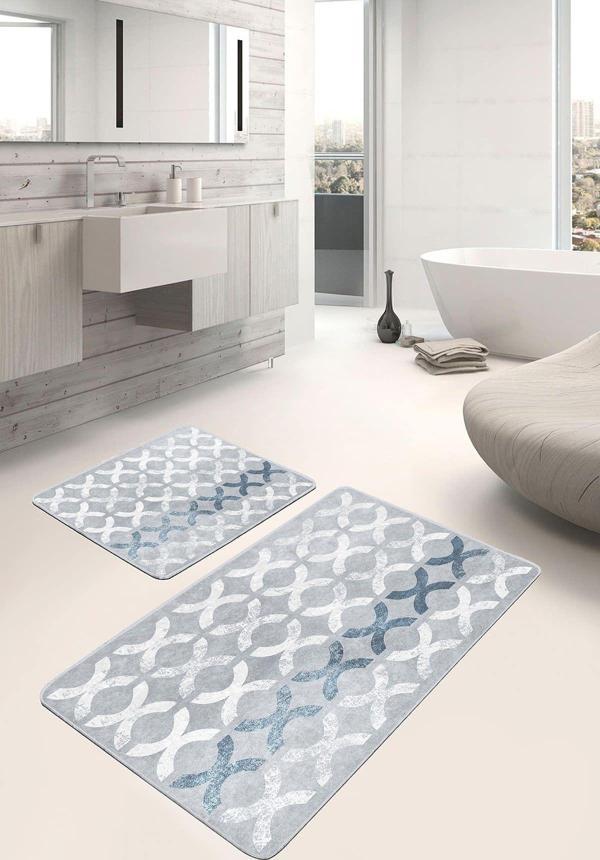 Realhomes Çapraz Desenli Gri-Mavi 2'Li Kaymaz Taban Yıkanabilir Banyo Paspas Seti - Image 1