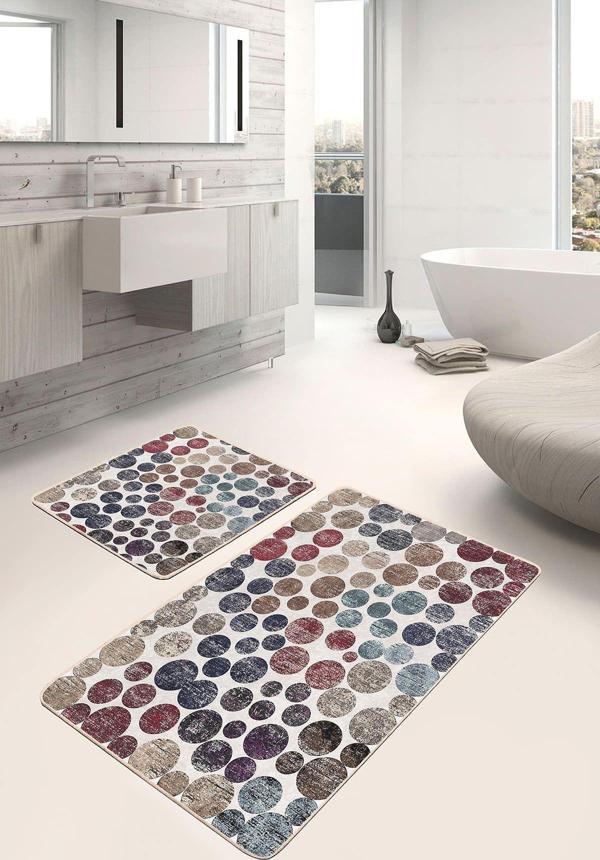 Realhomes Yuvarlak Noktalı Bej-Bordo Desenli 2'Li Kaymaz Taban Yıkanabilir Banyo Paspas Seti - Image 1