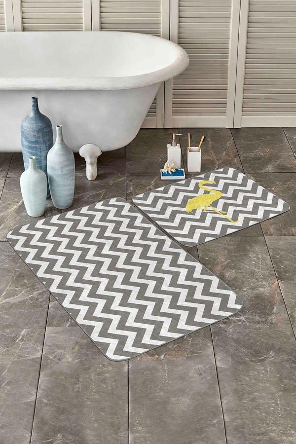 Realhomes Zigzag Desenli Gri Beyaz Ve Sarı Flamingo Detaylı 2'Li Kaymaz Taban Banyo Paspas Takımı - Image 1