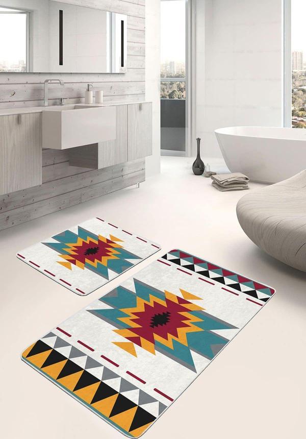 Realhomes Etnik Desenli Bordo-Mavi Sarı 2'Li Kaymaz Taban Yıkanabilir Banyo Paspas Takımı - Image 1