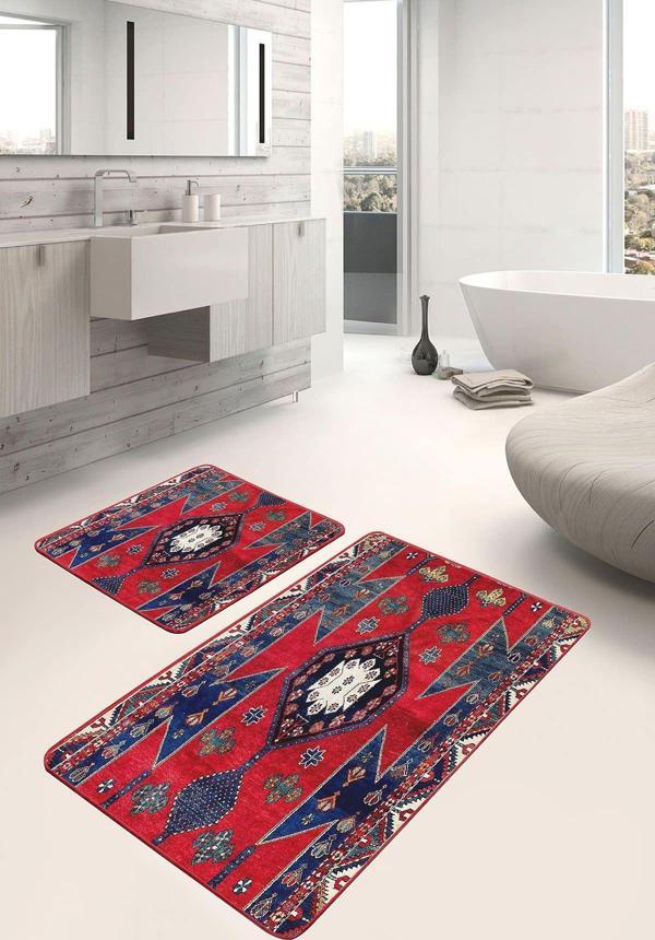 Realhomes Kırmızı Lacivert Etnik Motifli 2'Li Kaymaz Taban Yıkanabilir Banyo Paspas Seti - Image 1