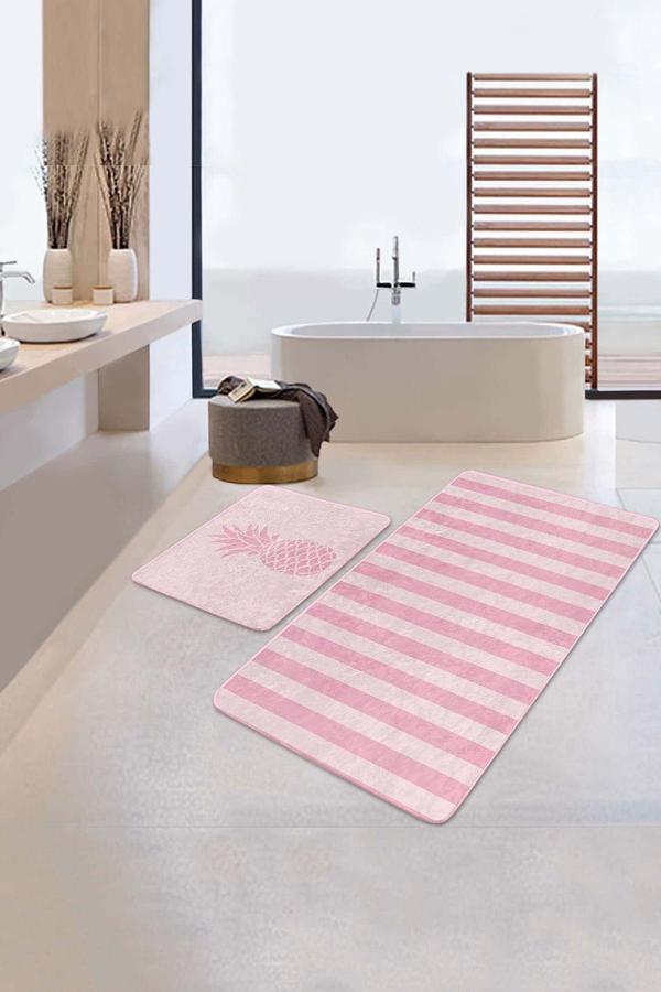 Realhomes Pembe Çizgili Ve Ananas Desenli 2'Li Kaymaz Taban Yıkanabilir Banyo Paspas Takımı - Image 1