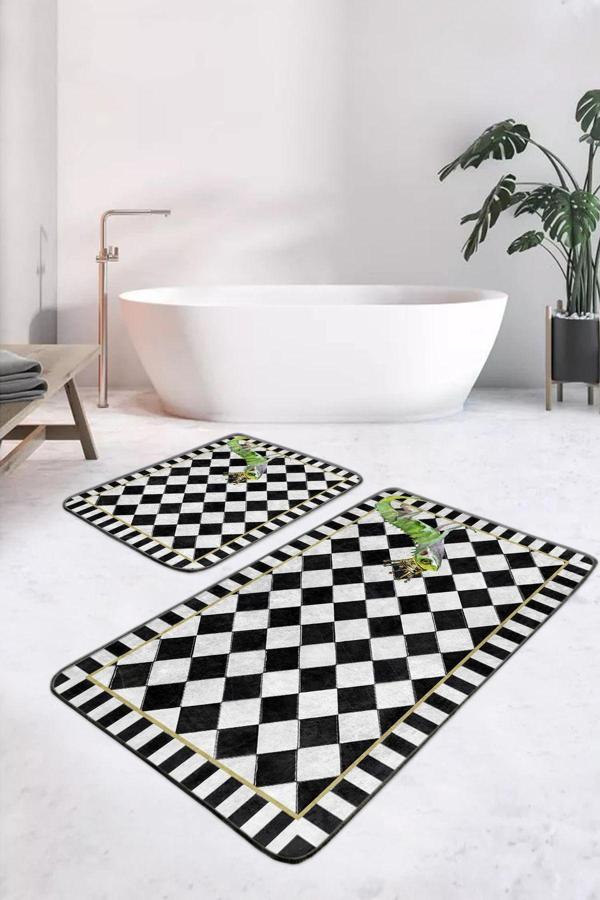 Realhomes Siyah Beyaz Pötikareli Yeşil Kertenkeleli 2'Li Kaymaz Taban Yıkanabilir Banyo Paspas Seti - Image 1