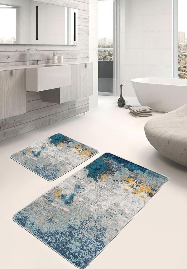 Realhomes Soyut Mavi-Gri Desenli Kaymaz Taban Yıkanabilir 2'Li Banyo Paspas Seti - Image 1