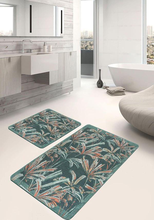 Realhomes Turuncu Ve Yeşil Çiçek Desenli 2'Li Kaymaz Taban Yıkanabilir Banyo Paspas Seti - Image 1