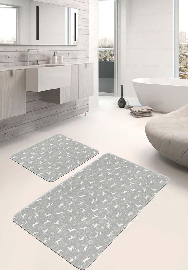 Realhomes Gri Zeminde Beyaz Geyik Ve Kar Tanesi Desenli 2'Li Kaymaz Taban Yıkanabilir Banyo Paspas Takımı - Image 1