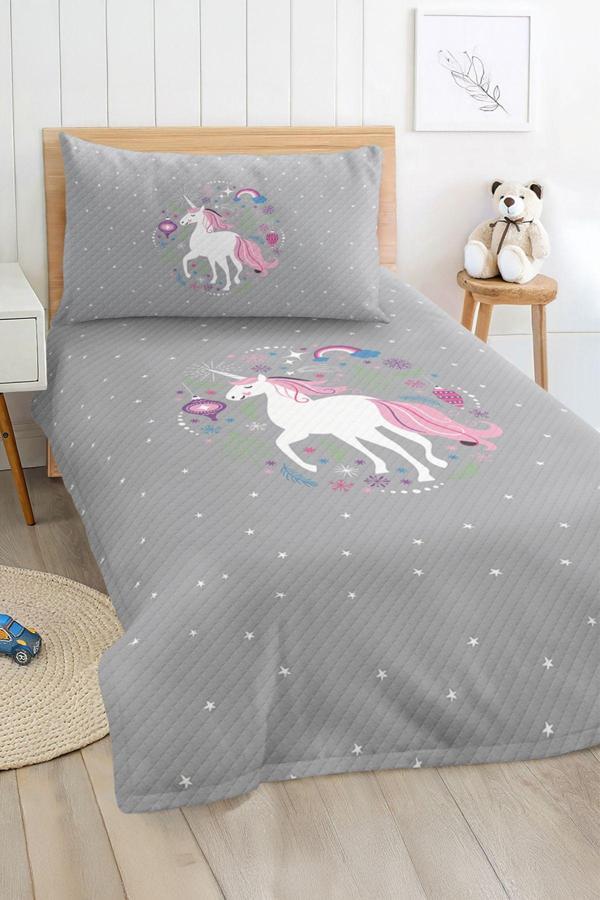 Realhomes Gri Arka Planda Pembe Unicorn Desenli Çocuk Ve Genç Odası Pike Takımı Yatak Örtüsü - Image 1