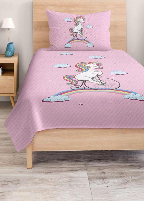 Realhomes Renkli Tek Tekerlekli Unicorn Desenli Çocuk Ve Genç Odası Pike Takımı Yatak Örtüsü - Image 1