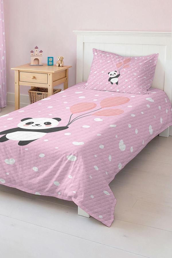 Realhomes Pembe Panda Desenli Tek Kişilik Çocuk Ve Genç Odası Pike Takımı Yatak Örtüsü - Image 1