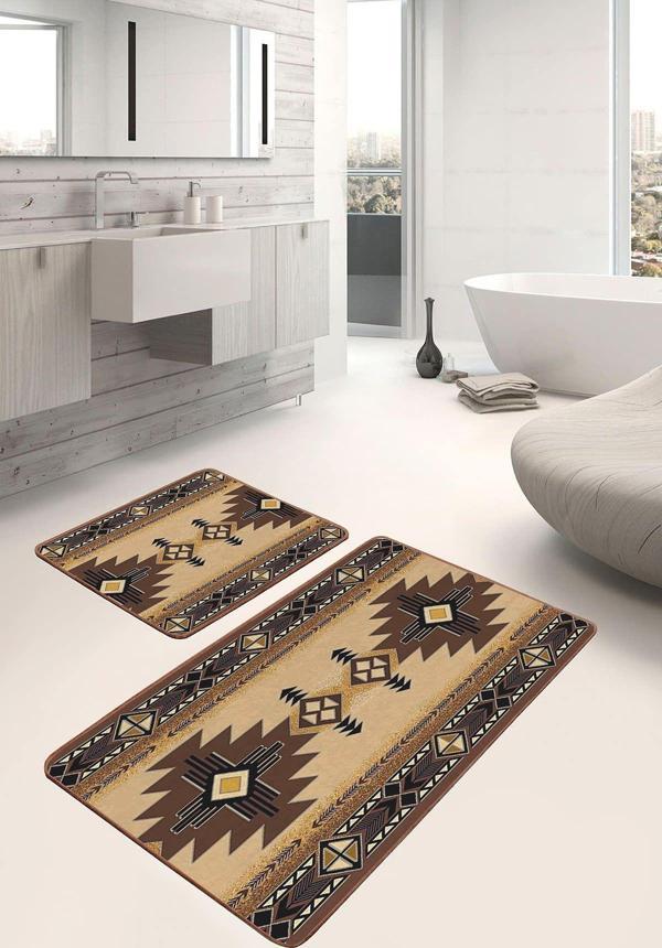 Realhomes Etnik Desenli Kahverengi Bej 2'Li Kaymaz Taban Yıkanabilir Banyo Paspas Seti - Image 1